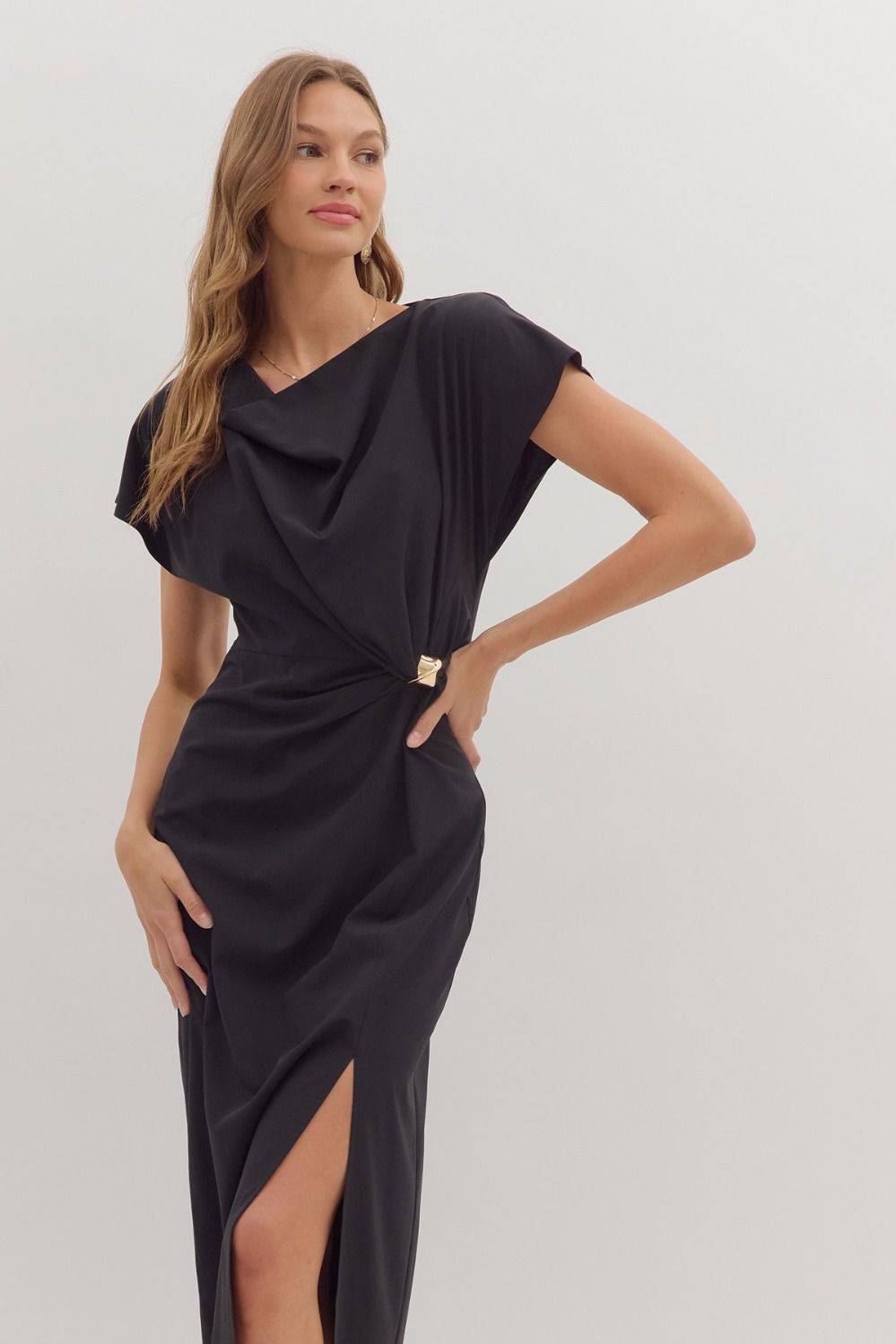 Sleek and flattering, the Odessa midi dress features a softly draped neckline and side ring gathering for a sculpted, event-ready silhouette.