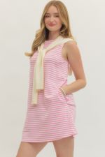 Striped sleeveless knit mini dress with attached scarf neckline