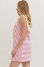 Striped sleeveless knit mini dress with attached scarf neckline