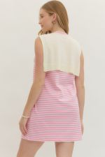 Striped sleeveless knit mini dress with attached scarf neckline