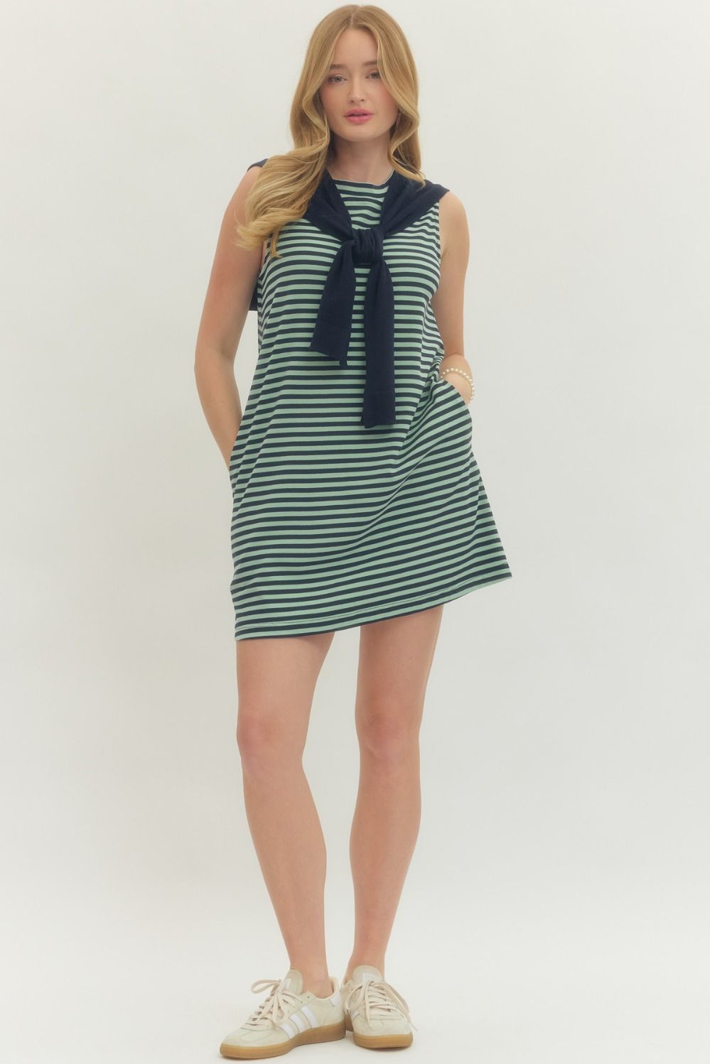 Striped sleeveless knit mini dress with attached scarf neckline