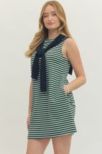 Striped sleeveless knit mini dress with attached scarf neckline