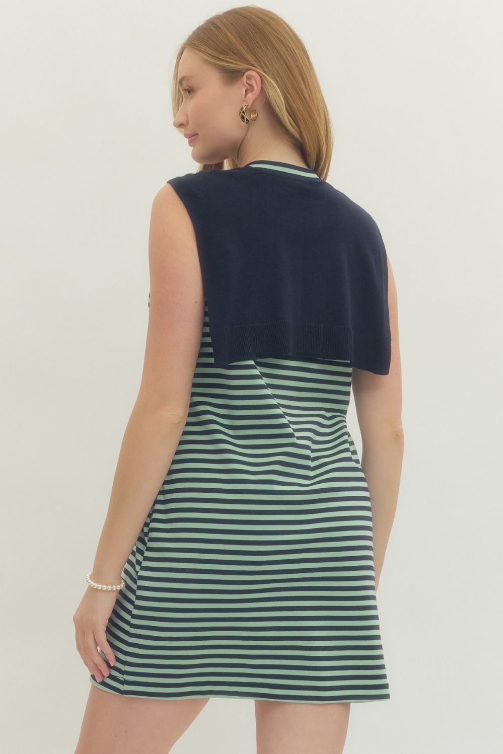Striped sleeveless knit mini dress with attached scarf neckline