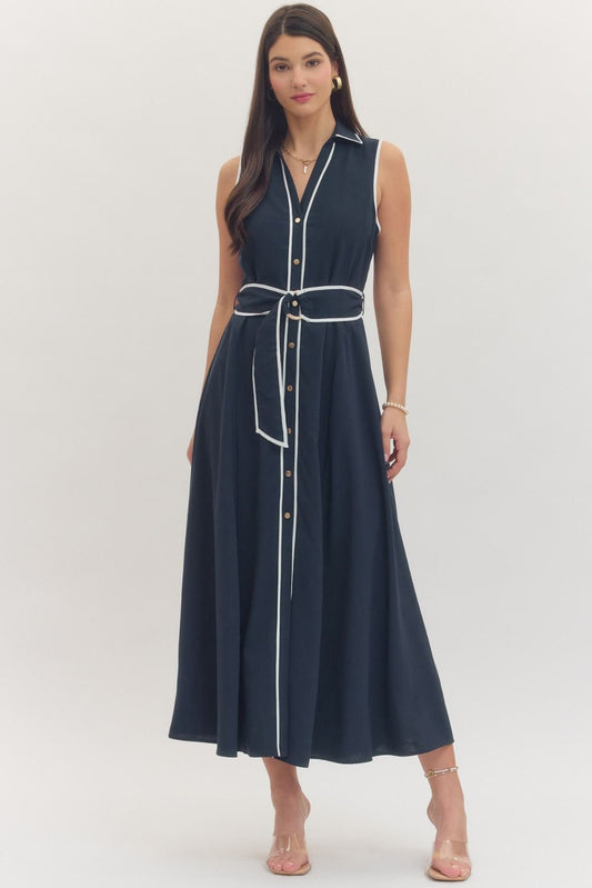 navy midi dress with white details 