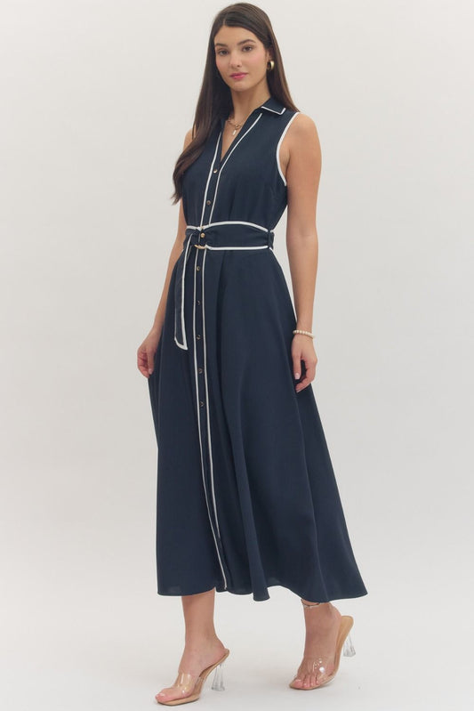 navy midi dress with white details 
