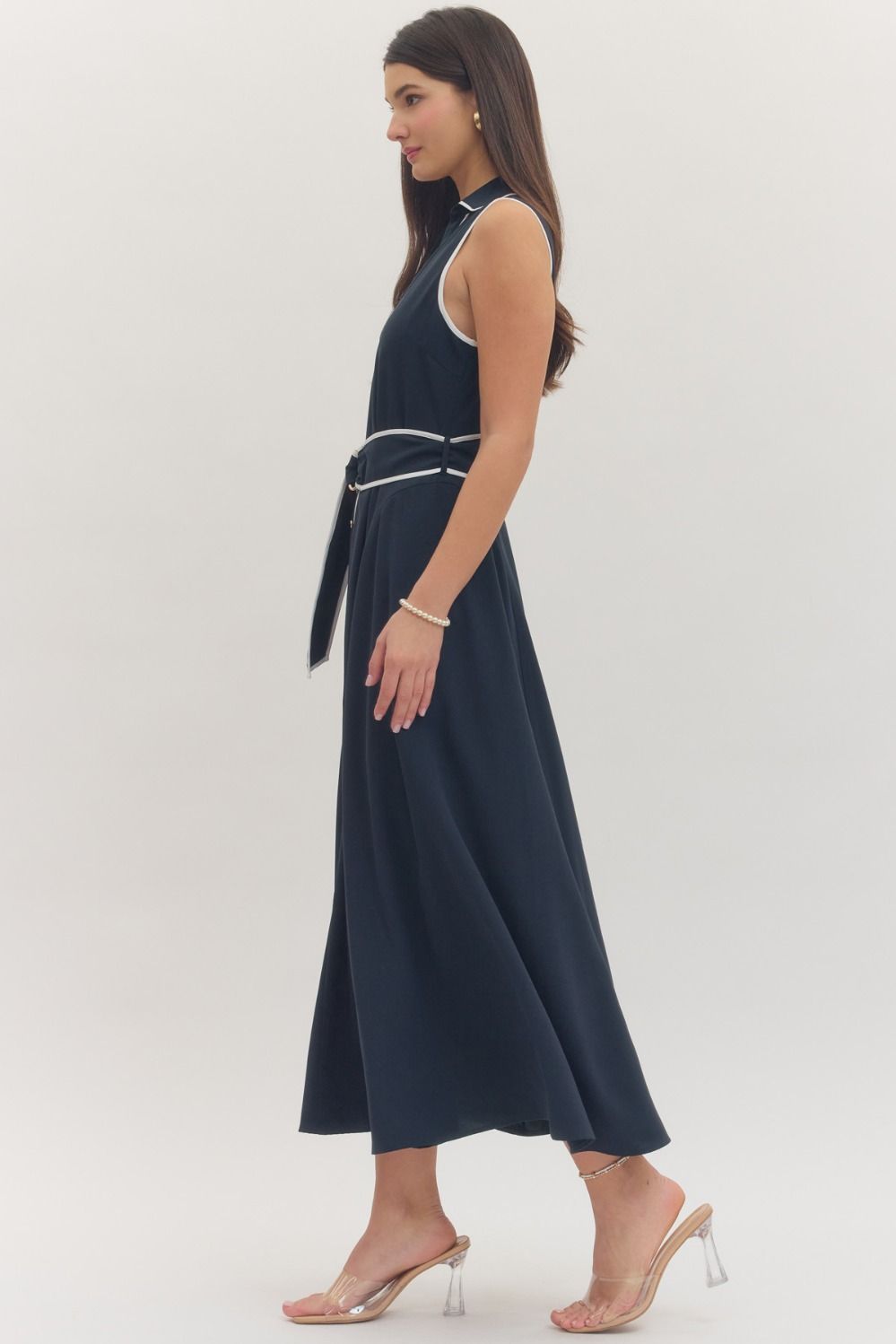 navy midi dress with white details 