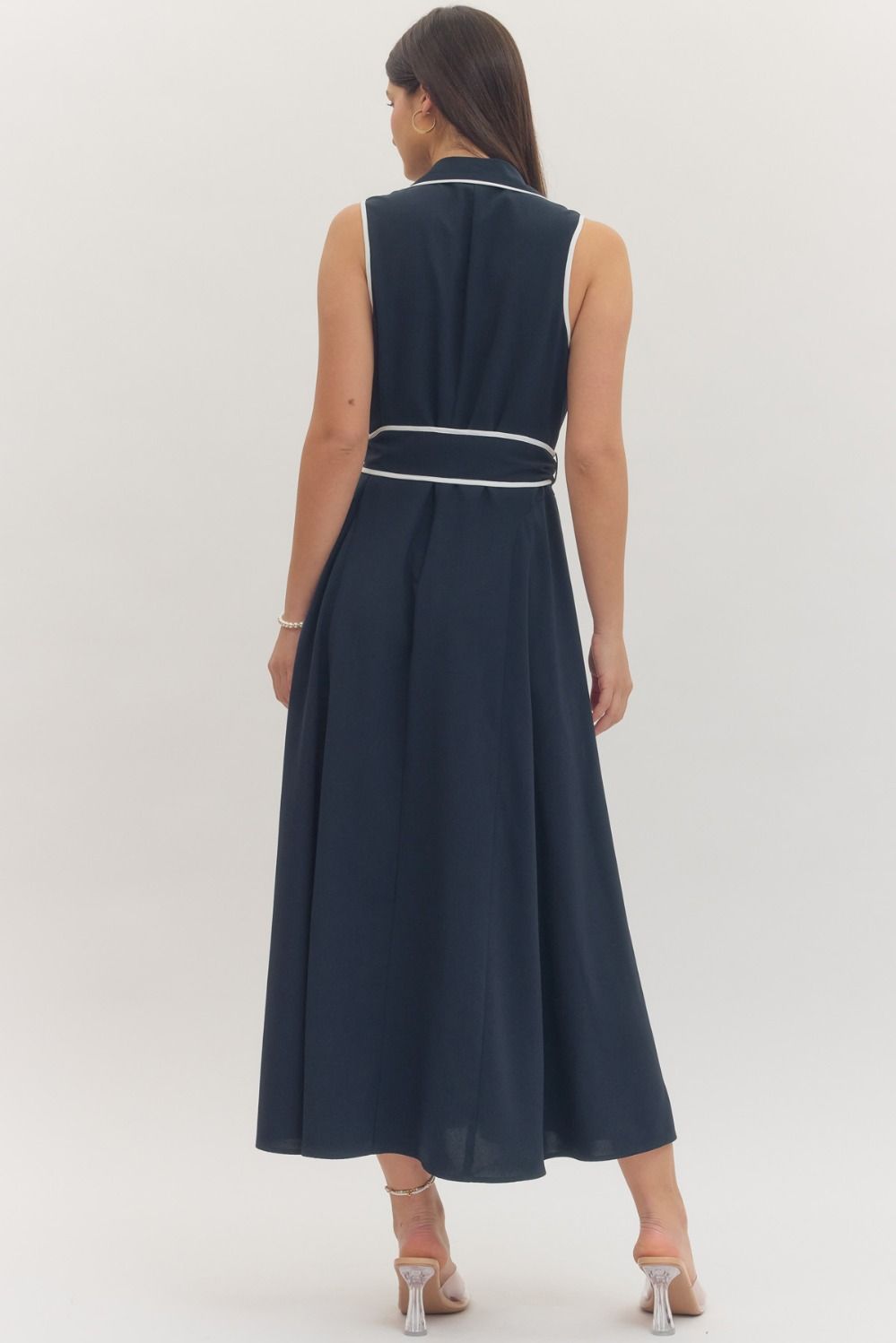 navy midi dress with white details 