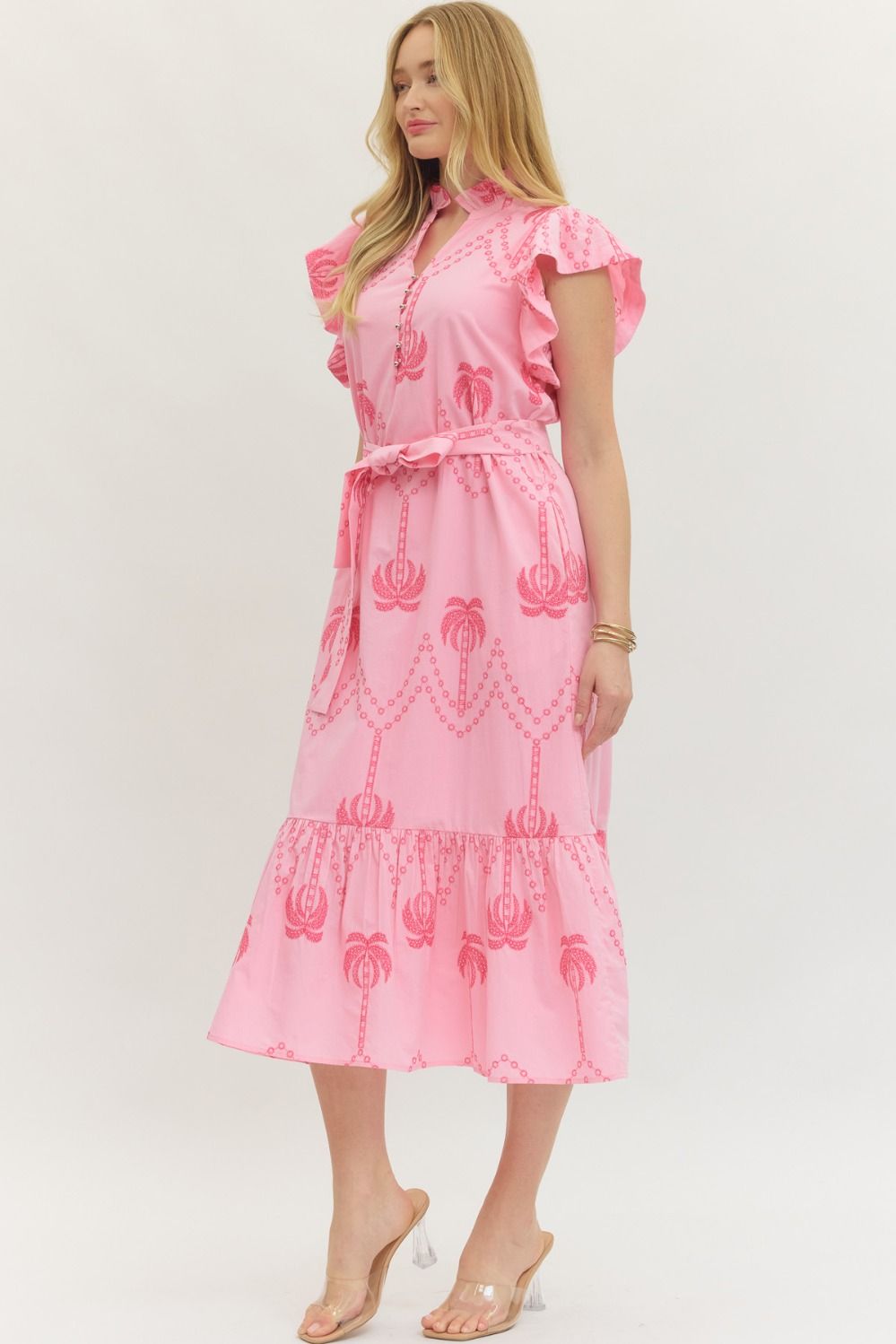 lightweight cotton midi dress with flutter sleeves, delicate embroidered details, and a flattering tie waist