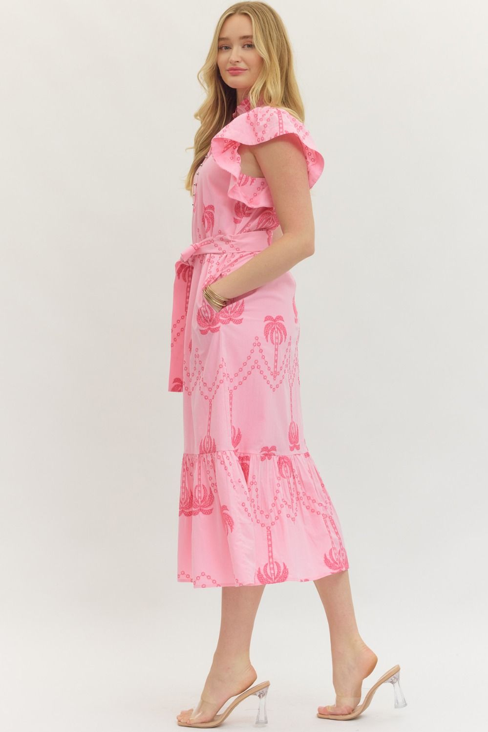 lightweight cotton midi dress with flutter sleeves, delicate embroidered details, and a flattering tie waist