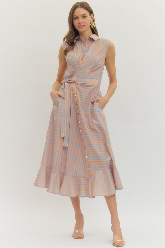 Striped Wrap Front Sleeveless Midi Dress