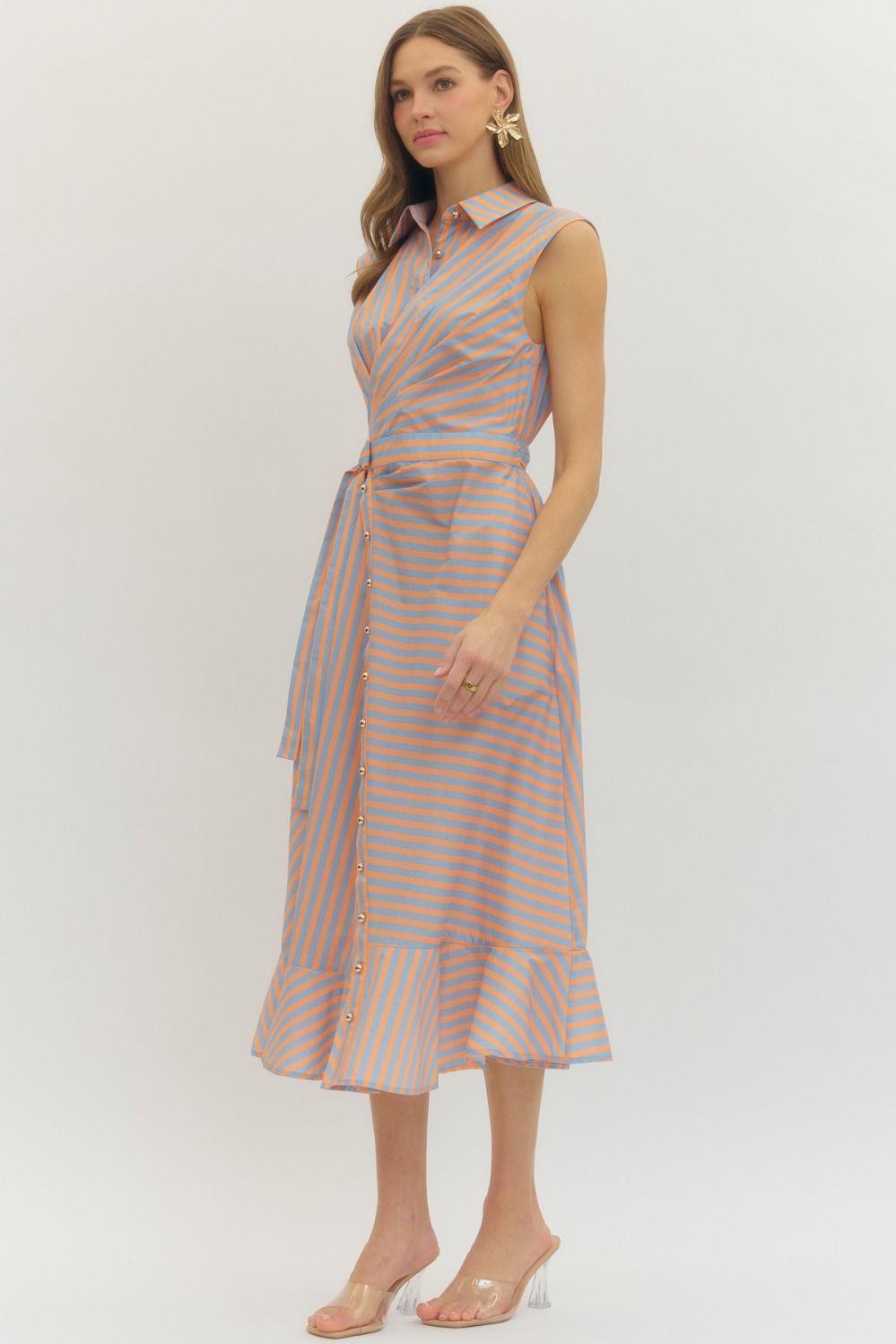 Striped Wrap Front Sleeveless Midi Dress