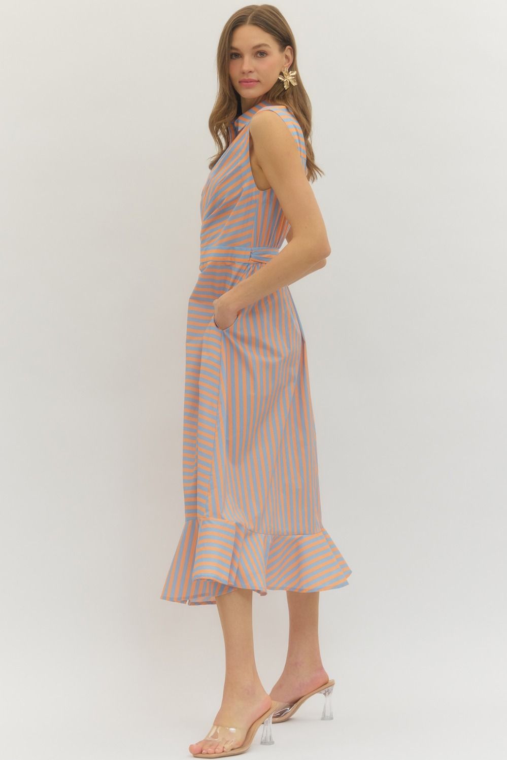 Striped Wrap Front Sleeveless Midi Dress