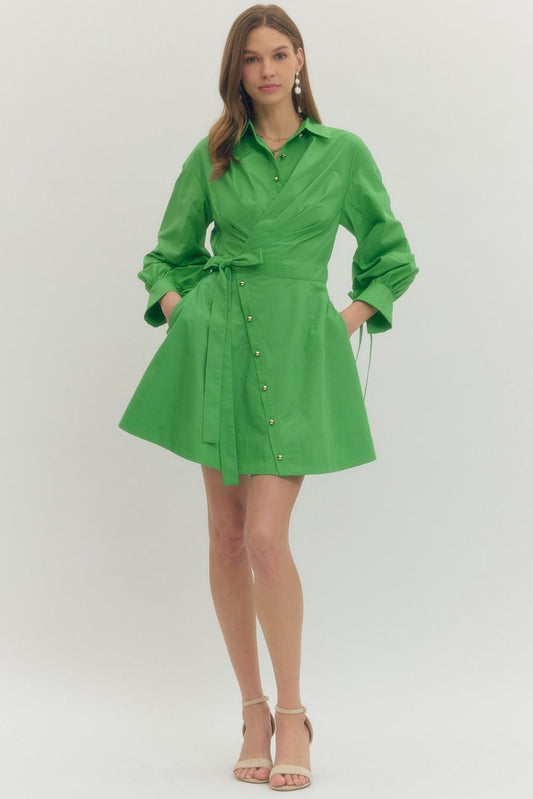 Solid long sleeve mini wrap dress with notched collar