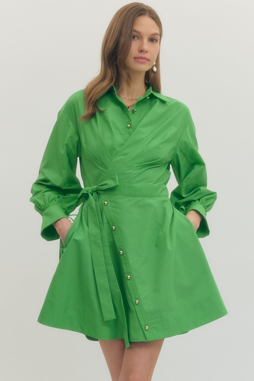 Solid long sleeve mini wrap dress with notched collar