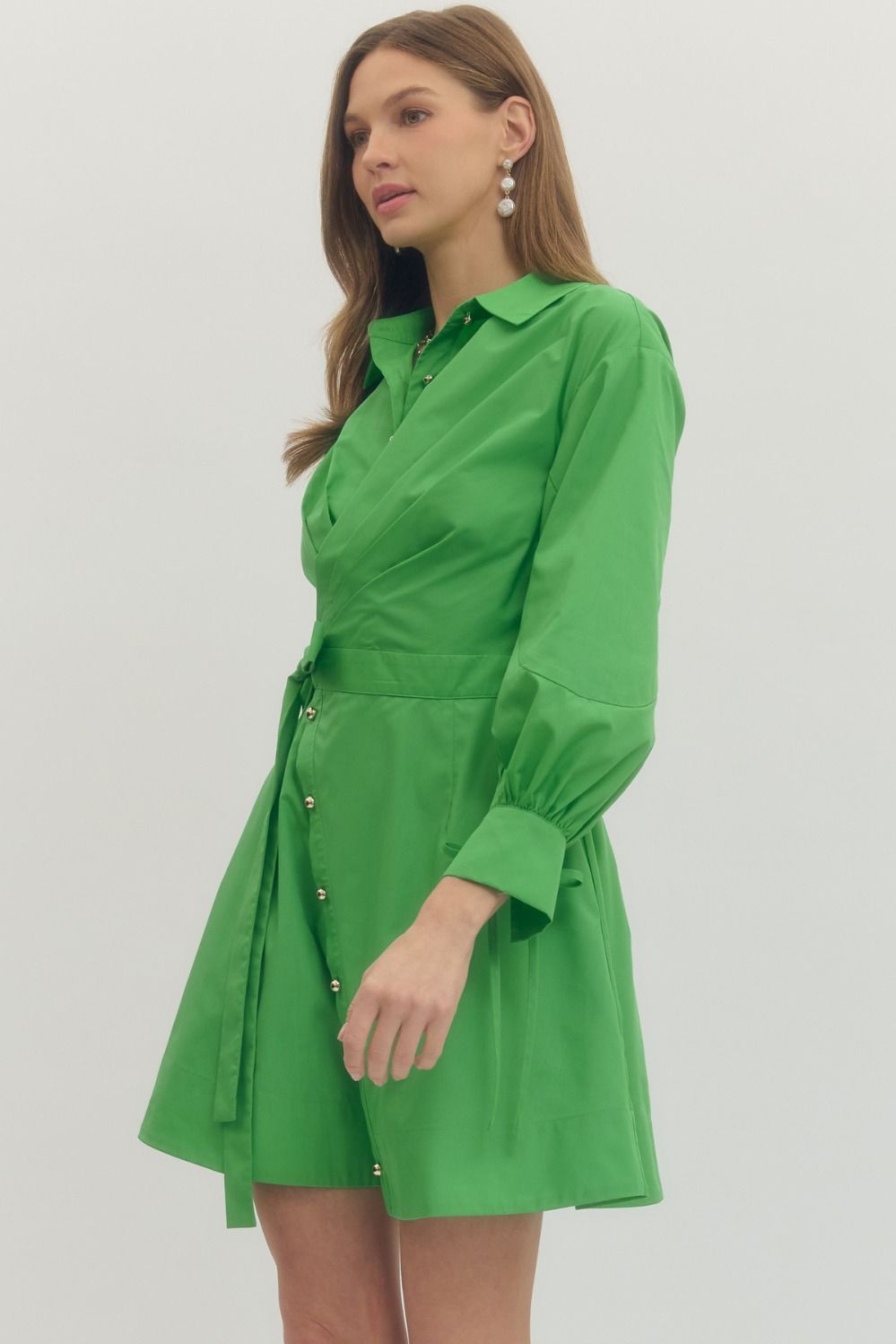 Solid long sleeve mini wrap dress with notched collar