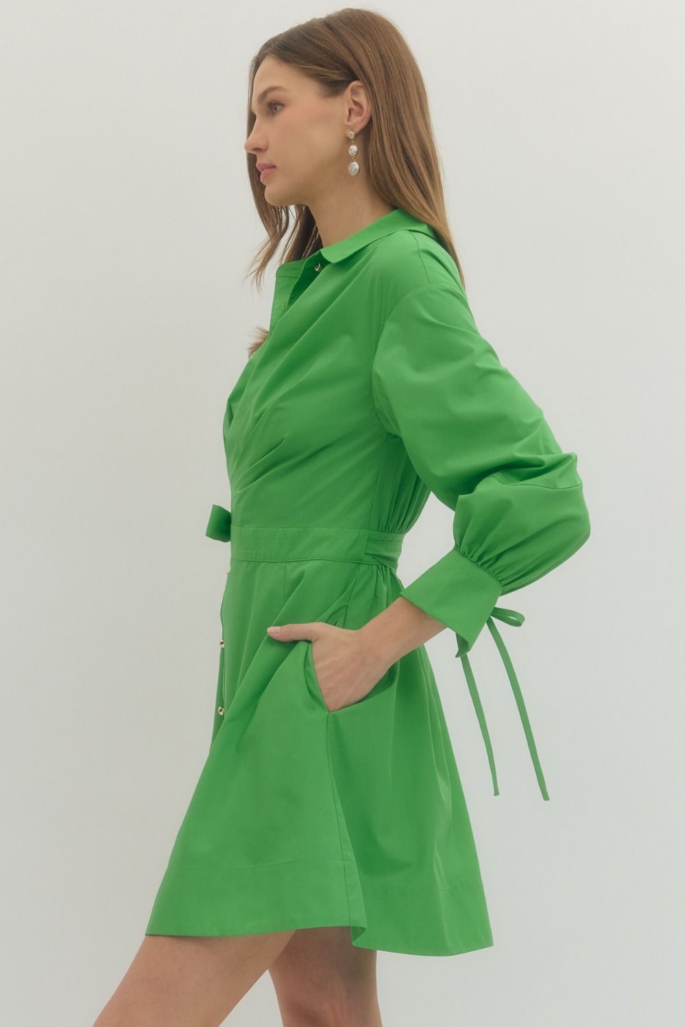 Solid long sleeve mini wrap dress with notched collar