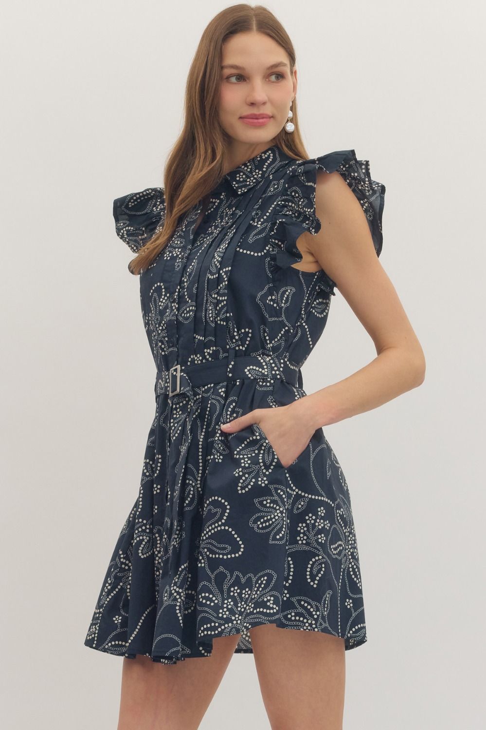 floral mini dress with ruffle cap sleeves, a belted waist