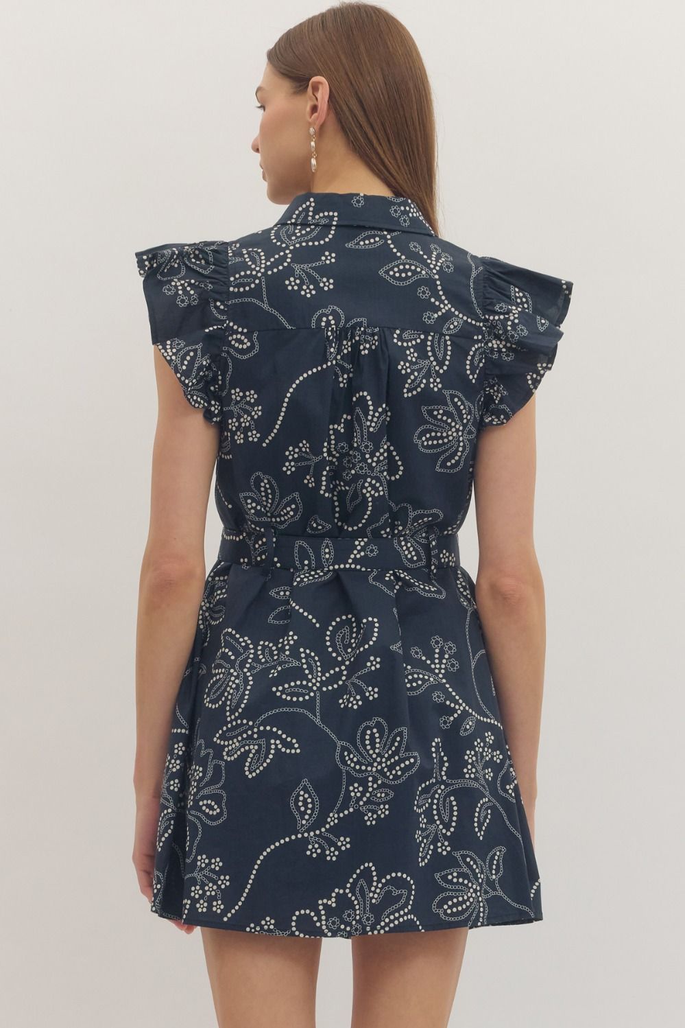 floral mini dress with ruffle cap sleeves, a belted waist