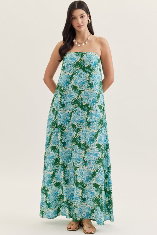 strapless maxi dress in a botanical print with a straight neckline, elastic back, and side pockets.