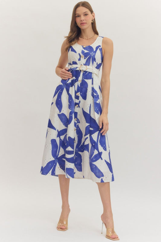 botanical print midi dress featuring a flattering belted waist