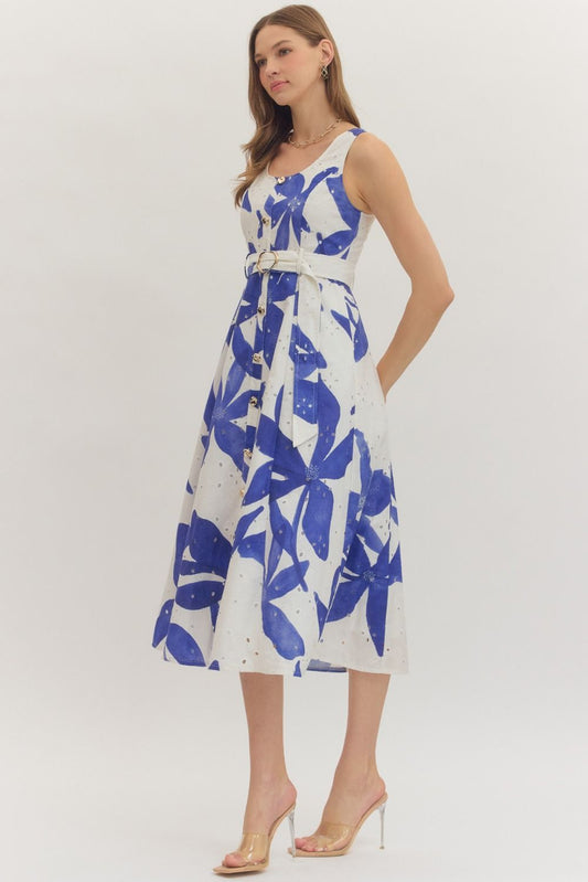 botanical print midi dress featuring a flattering belted waist
