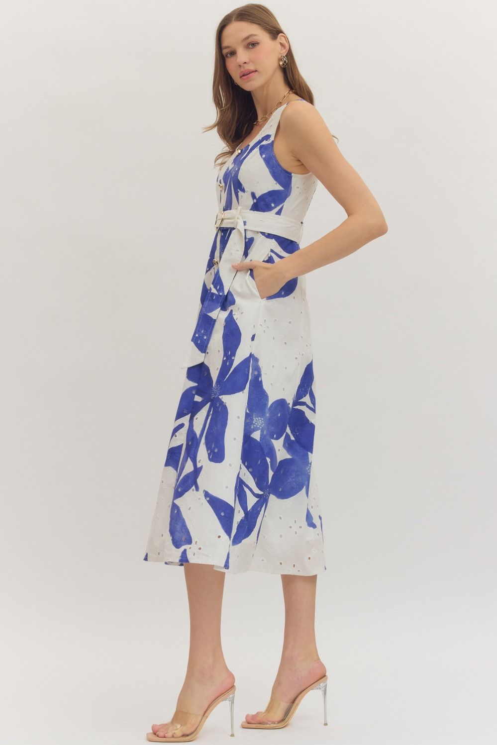 botanical print midi dress featuring a flattering belted waist