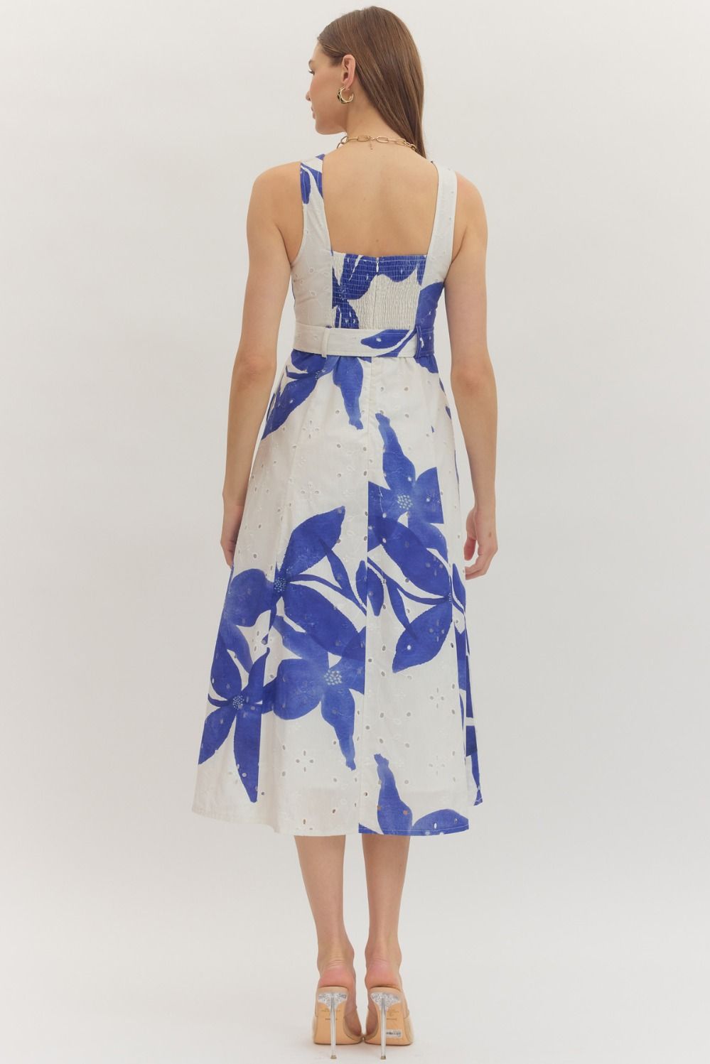 botanical print midi dress featuring a flattering belted waist