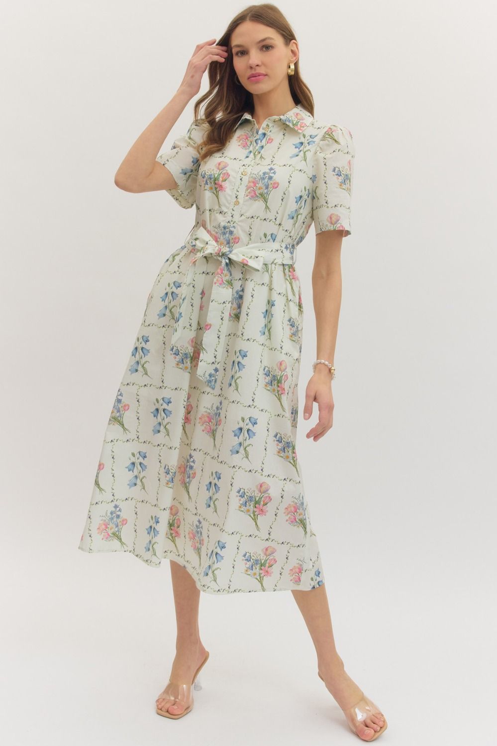 lightweight cotton midi dress with puff sleeves, floral grid print, front buttons, and a self-tie waist belt