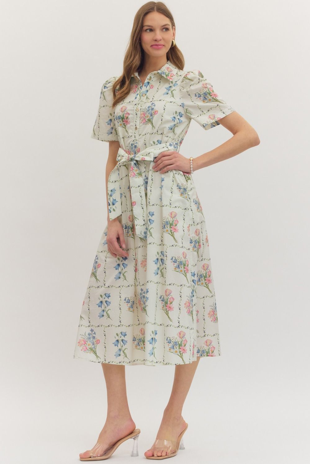 lightweight cotton midi dress with puff sleeves, floral grid print, front buttons, and a self-tie waist belt