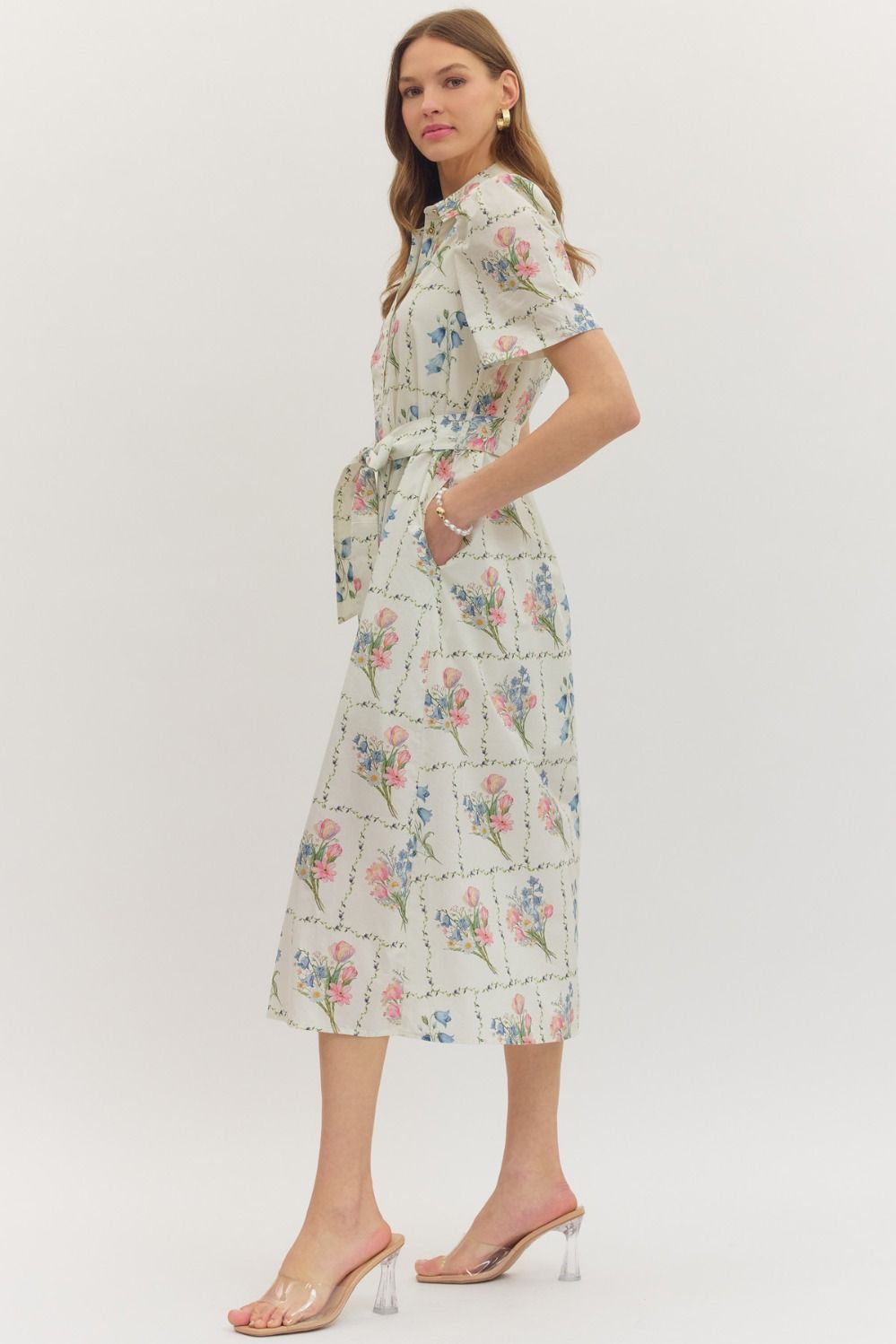 lightweight cotton midi dress with puff sleeves, floral grid print, front buttons, and a self-tie waist belt
