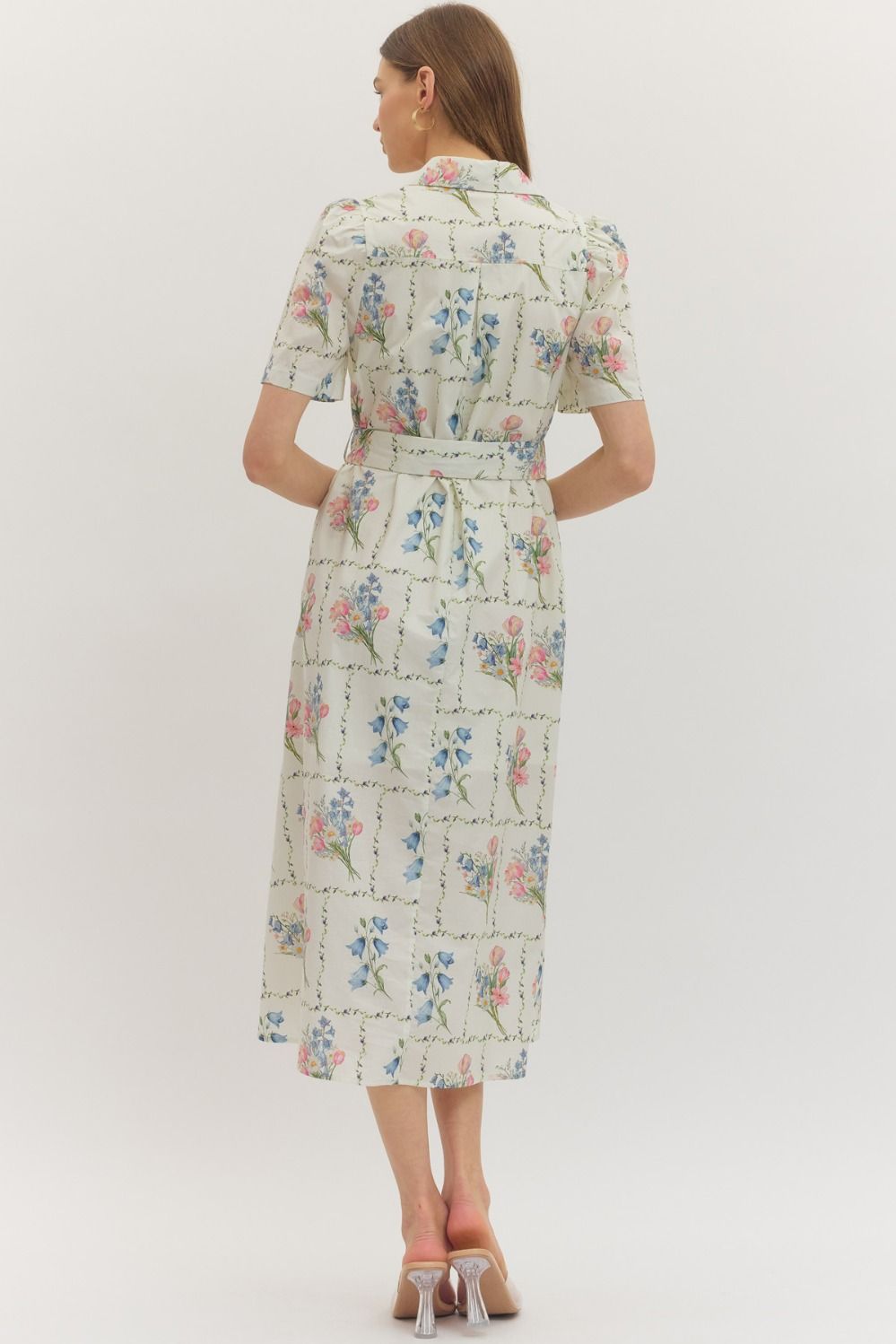 lightweight cotton midi dress with puff sleeves, floral grid print, front buttons, and a self-tie waist belt