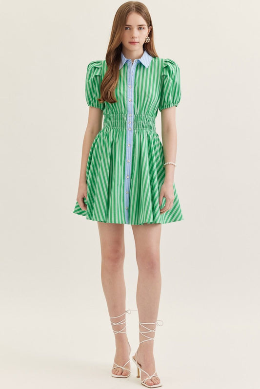  lightweight cotton mini dress with short puff sleeves, a smocked waist, and a classic stripe print