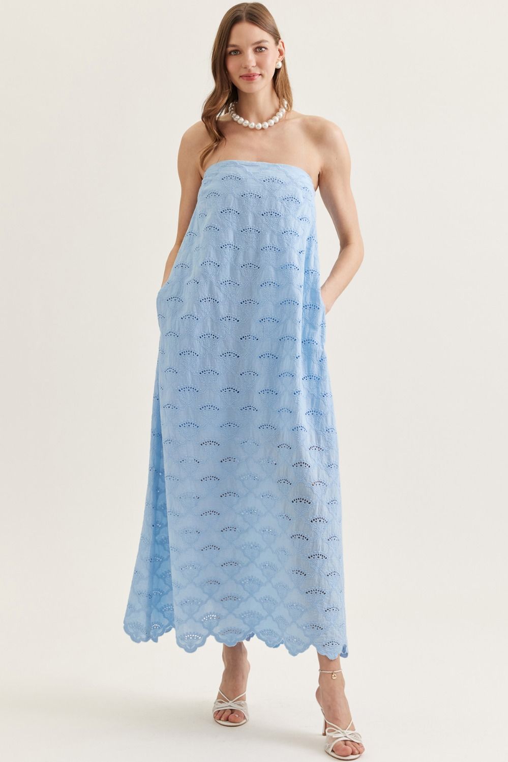 lightweight cotton strapless midi dress with scalloped eyelet hem, elasticated back, and side pockets