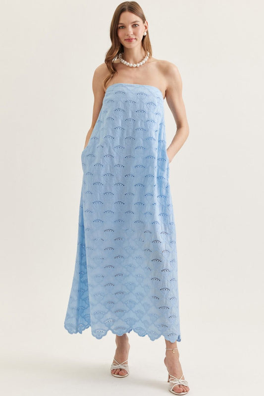 lightweight cotton strapless midi dress with scalloped eyelet hem, elasticated back, and side pockets