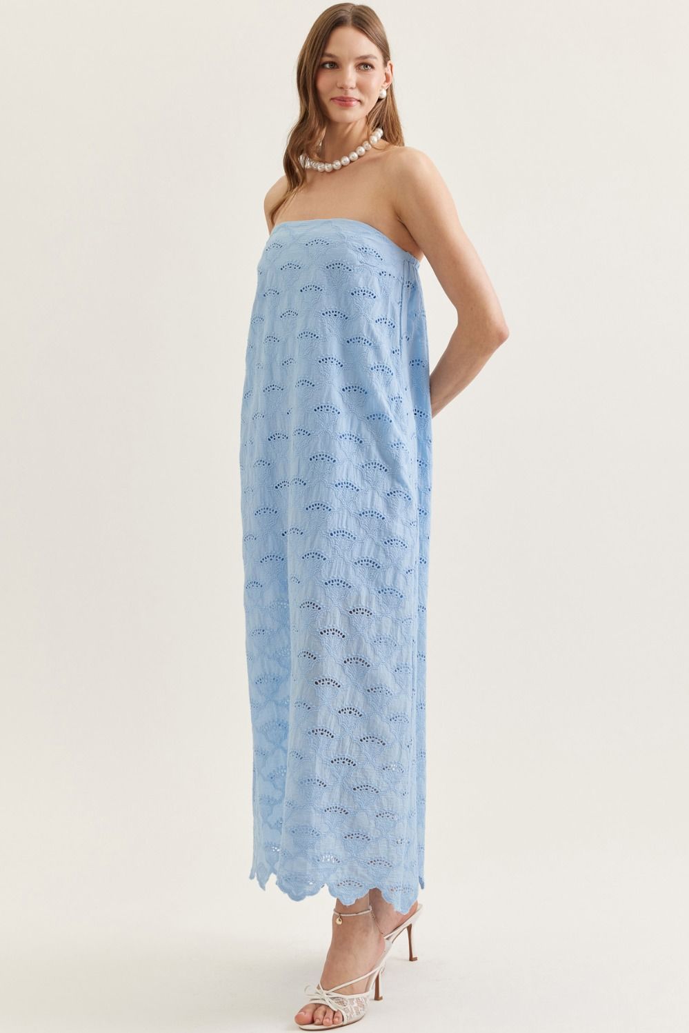 lightweight cotton strapless midi dress with scalloped eyelet hem, elasticated back, and side pockets