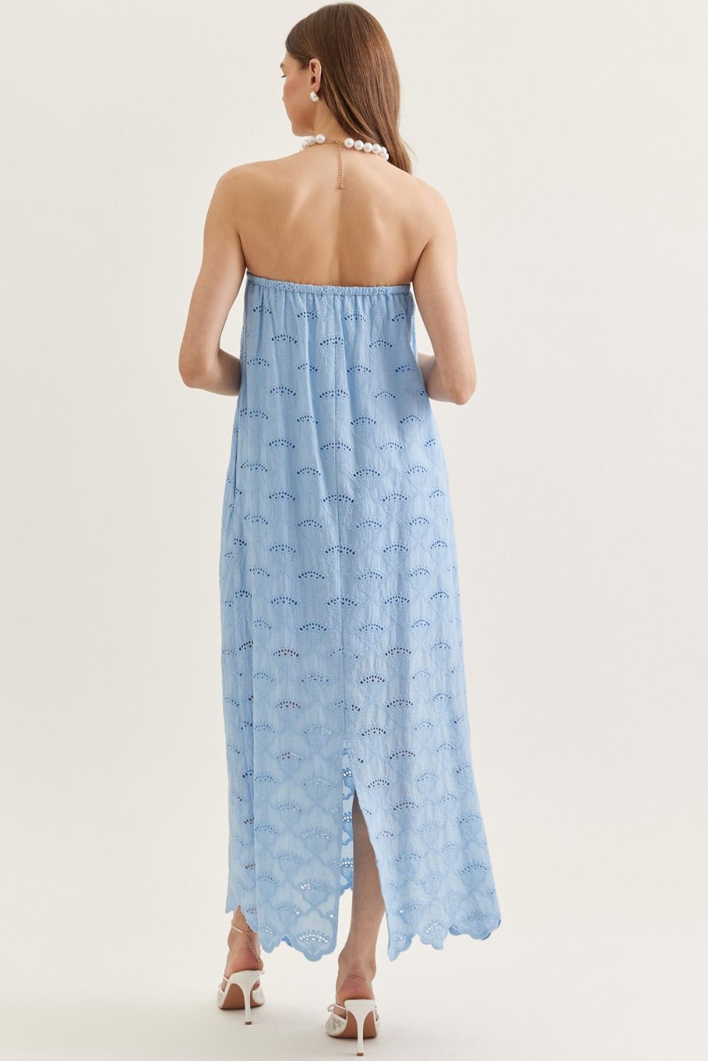lightweight cotton strapless midi dress with scalloped eyelet hem, elasticated back, and side pockets