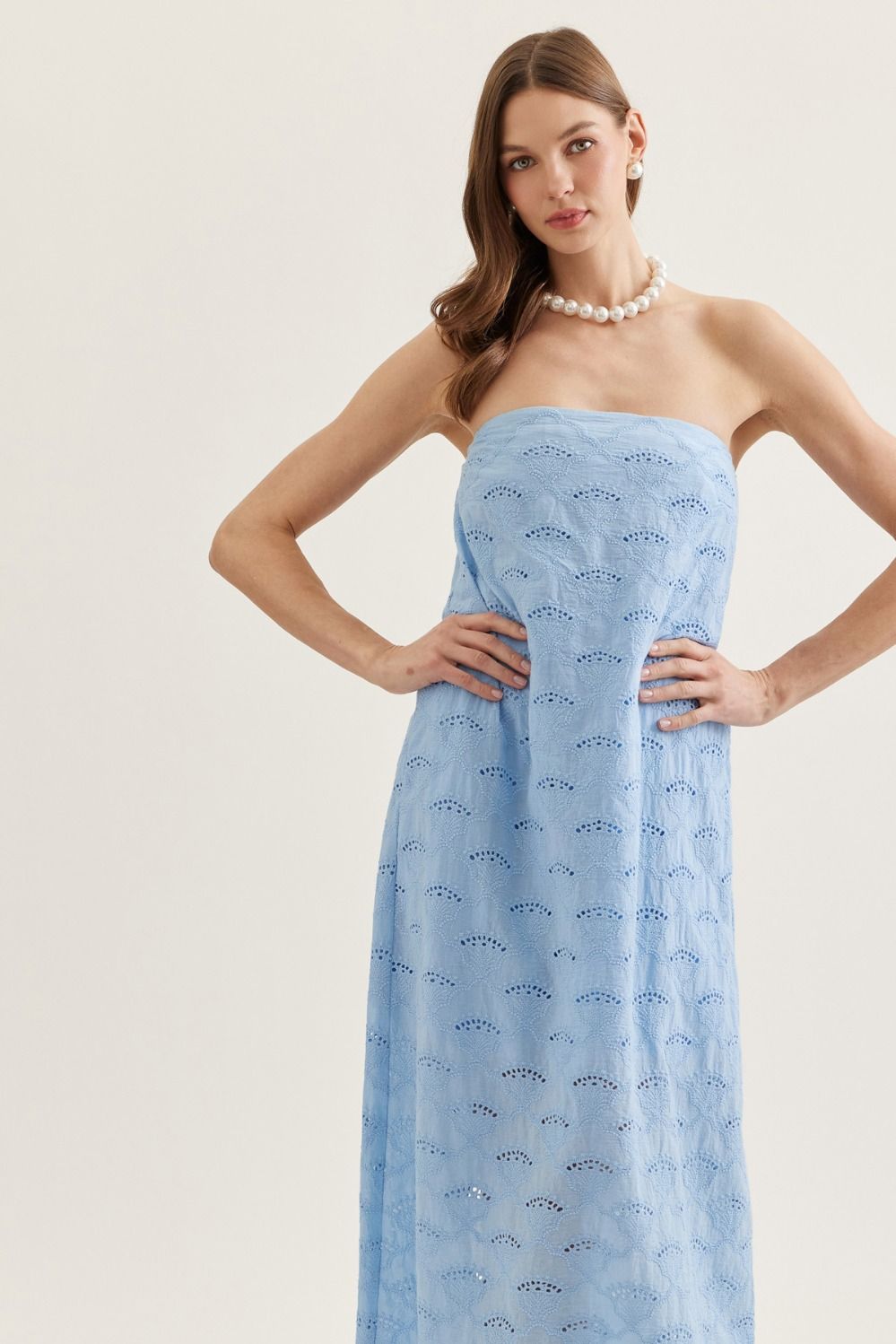 lightweight cotton strapless midi dress with scalloped eyelet hem, elasticated back, and side pockets