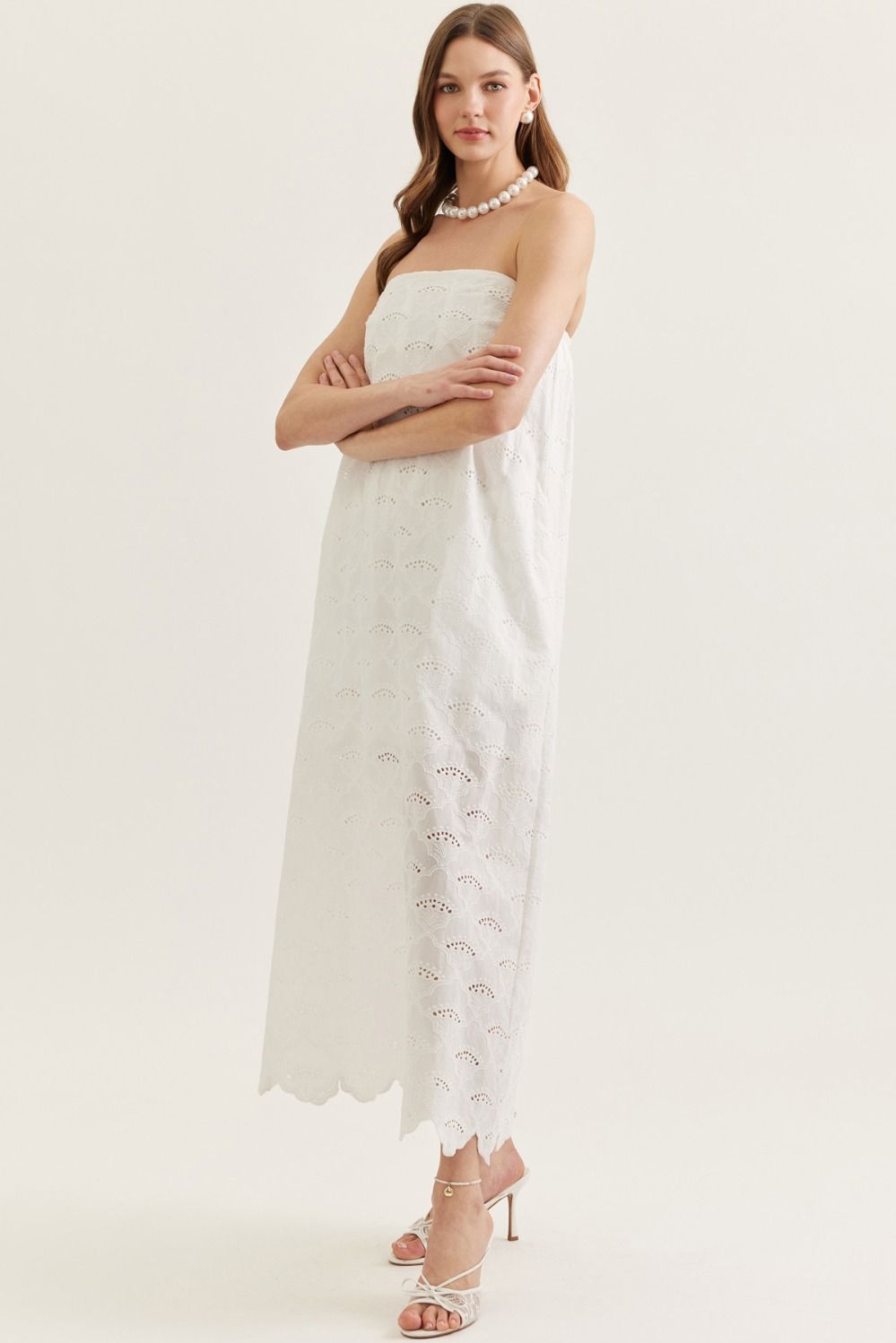 lightweight cotton strapless midi dress with scalloped eyelet hem, elasticated back, and side pockets