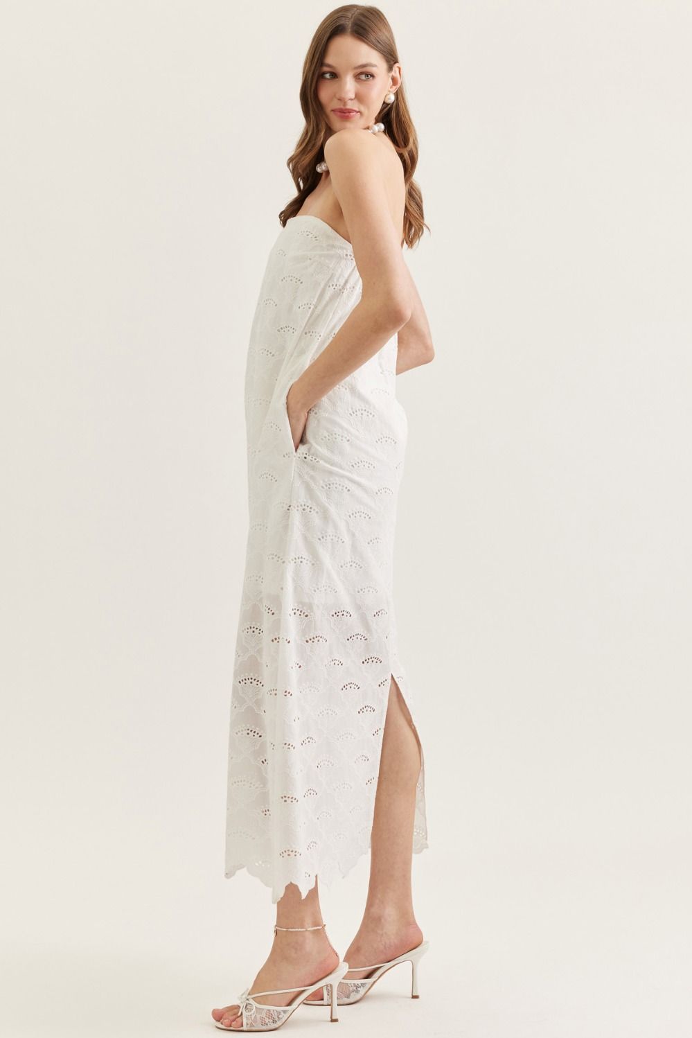 lightweight cotton strapless midi dress with scalloped eyelet hem, elasticated back, and side pockets