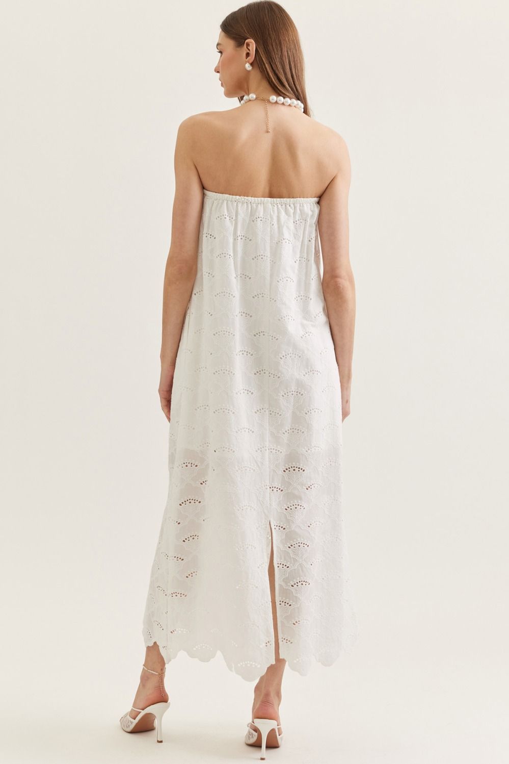 lightweight cotton strapless midi dress with scalloped eyelet hem, elasticated back, and side pockets