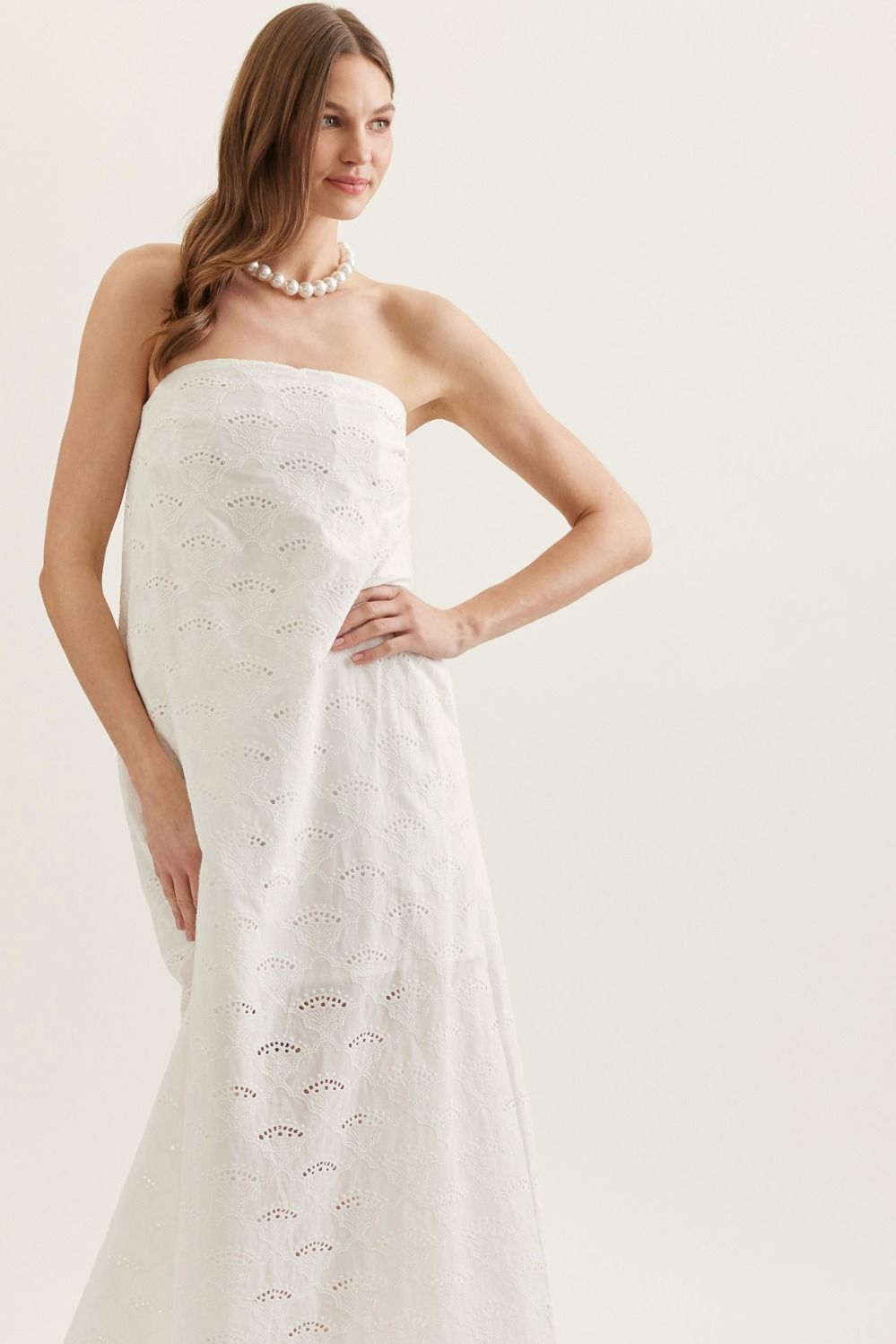 lightweight cotton strapless midi dress with scalloped eyelet hem, elasticated back, and side pockets