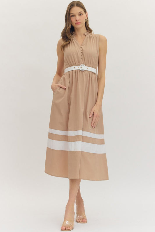 Contrast Belt Midi Dress features a ruffled mock neck, covered button detail, and a flattering elastic waist with contrast accents.