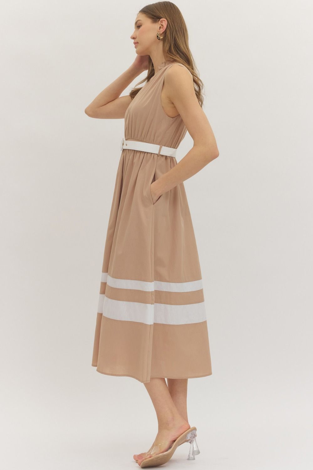 Contrast Belt Midi Dress features a ruffled mock neck, covered button detail, and a flattering elastic waist with contrast accents.