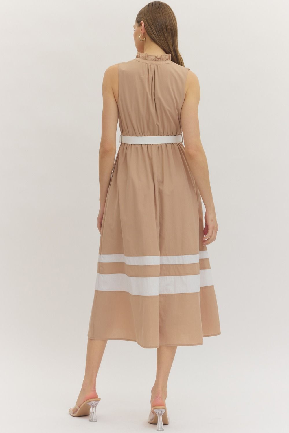 Contrast Belt Midi Dress features a ruffled mock neck, covered button detail, and a flattering elastic waist with contrast accents.