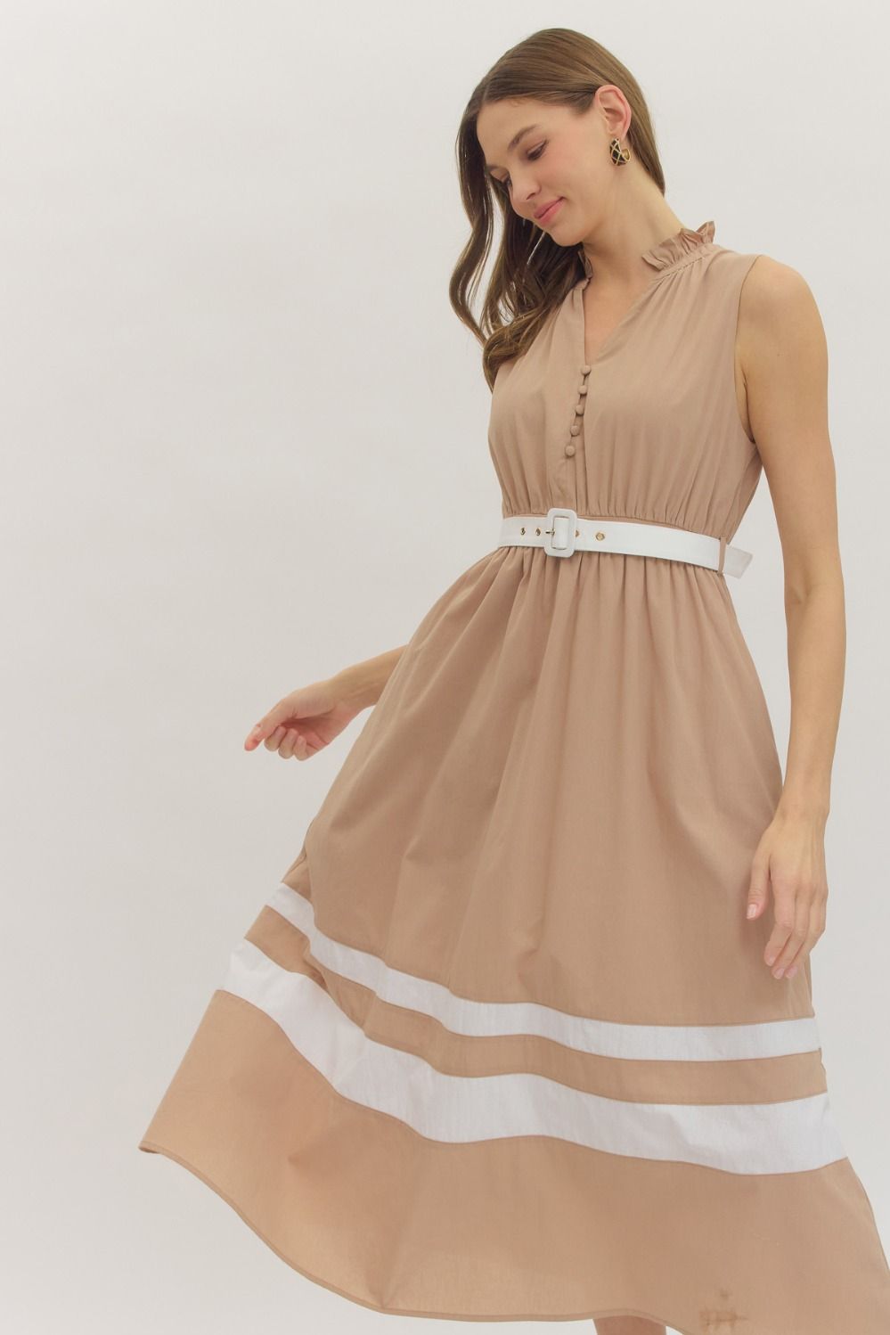 Contrast Belt Midi Dress features a ruffled mock neck, covered button detail, and a flattering elastic waist with contrast accents.