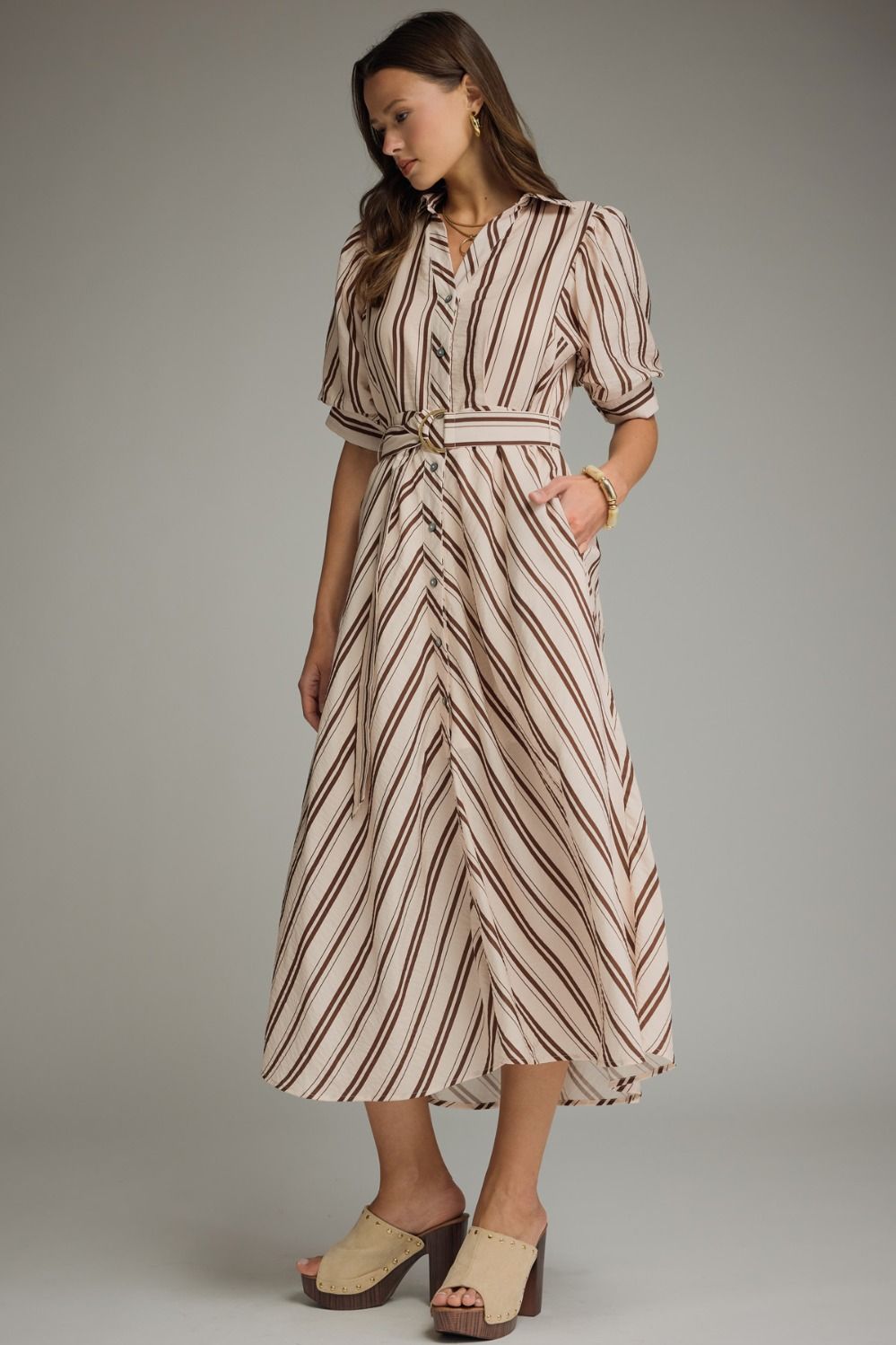 Camille Striped Ring Belt Midi Dress