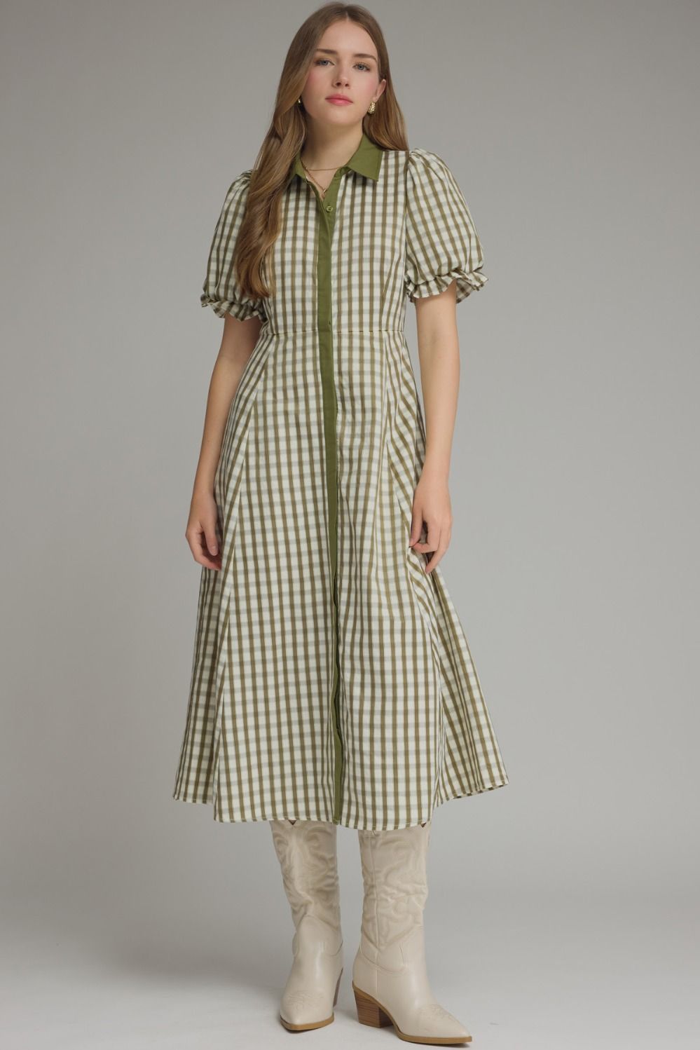 Whitney Gingham Puff Sleeve Midi Dress