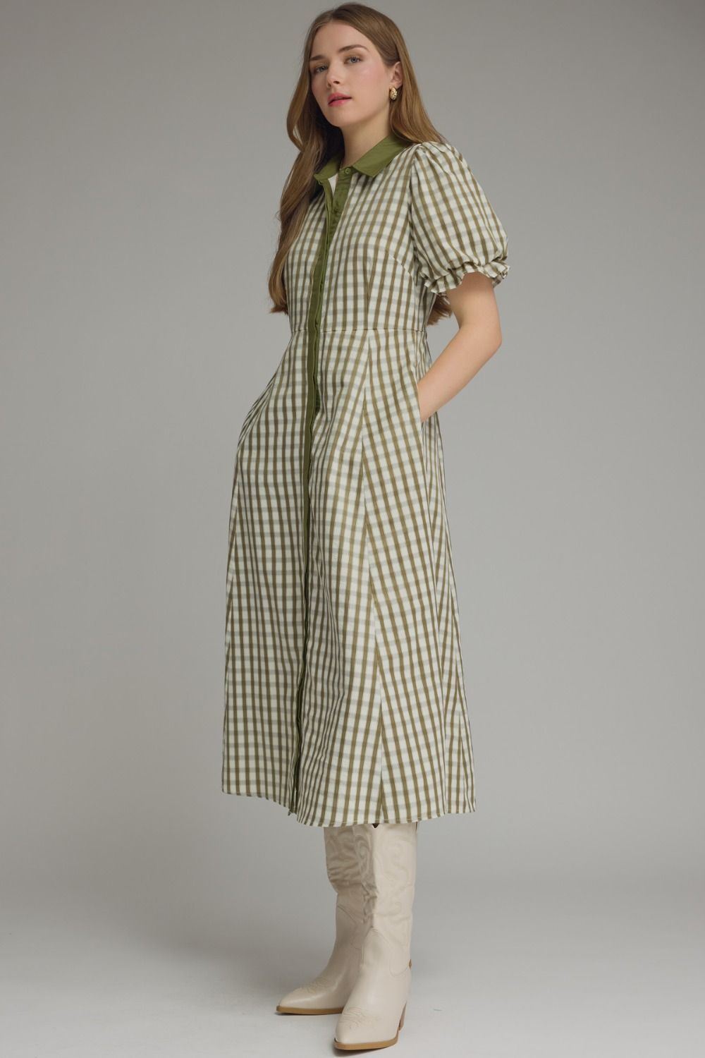 Whitney Gingham Puff Sleeve Midi Dress