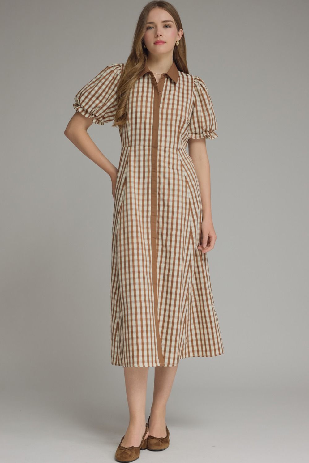 Whitney Gingham Puff Sleeve Midi Dress