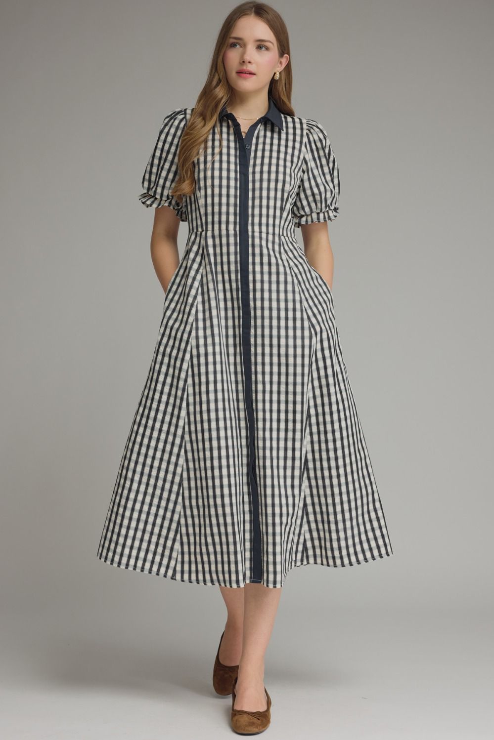 Whitney Gingham Puff Sleeve Midi Dress